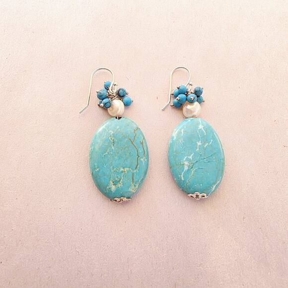 Artisan Turquoise Pearl Stone 925 Sterling Silver Drop Earrings New Stamped - Picture 4 of 9